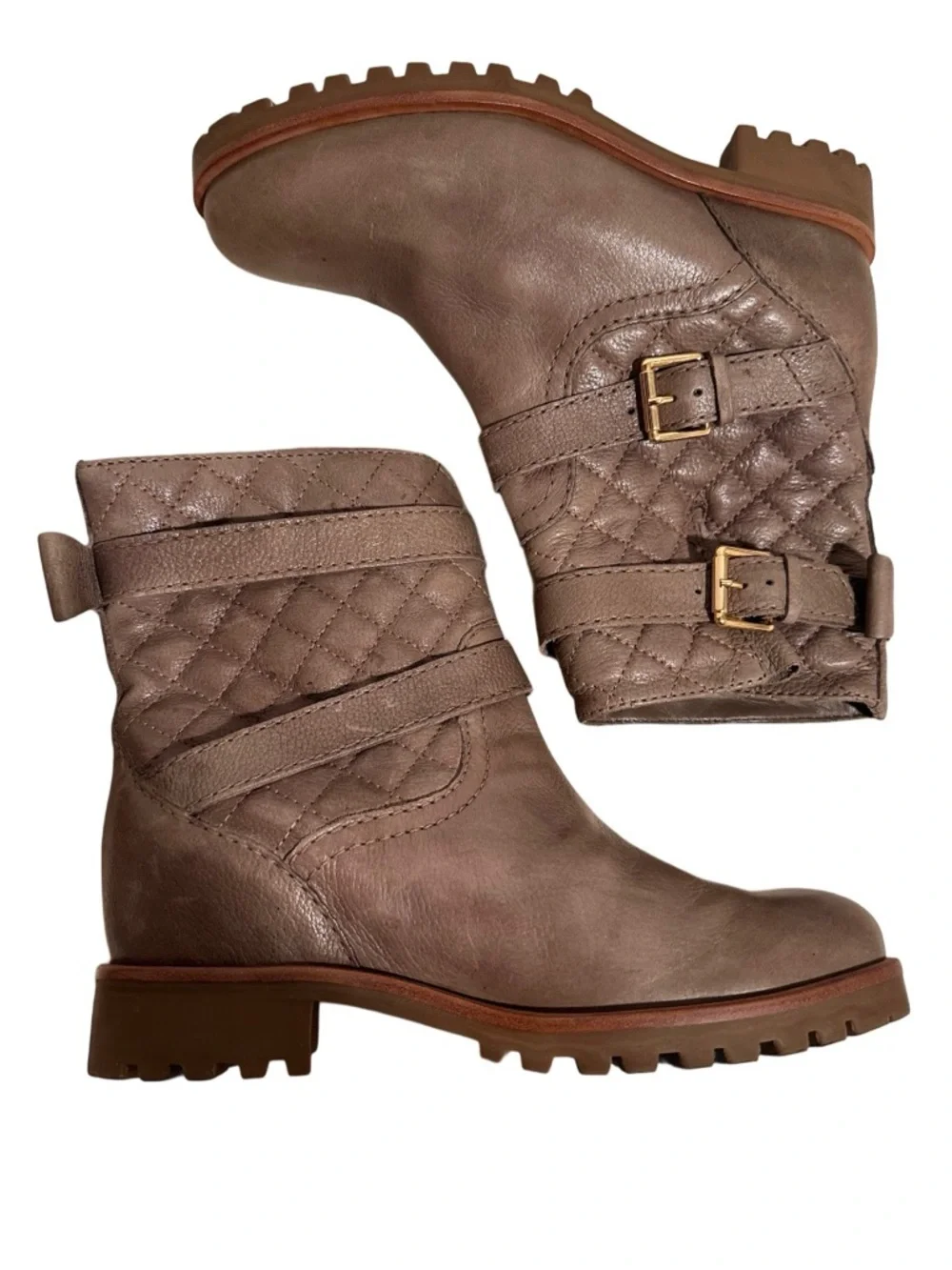 Kate Spade Samara Quilted Leather Moto Boots Taupe Brown Mousse Size 7M